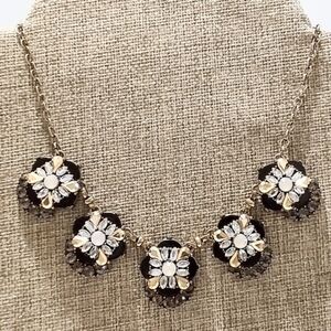 Gold Tone Clear and Champagne Rhinestone On Black Link Statement Necklace